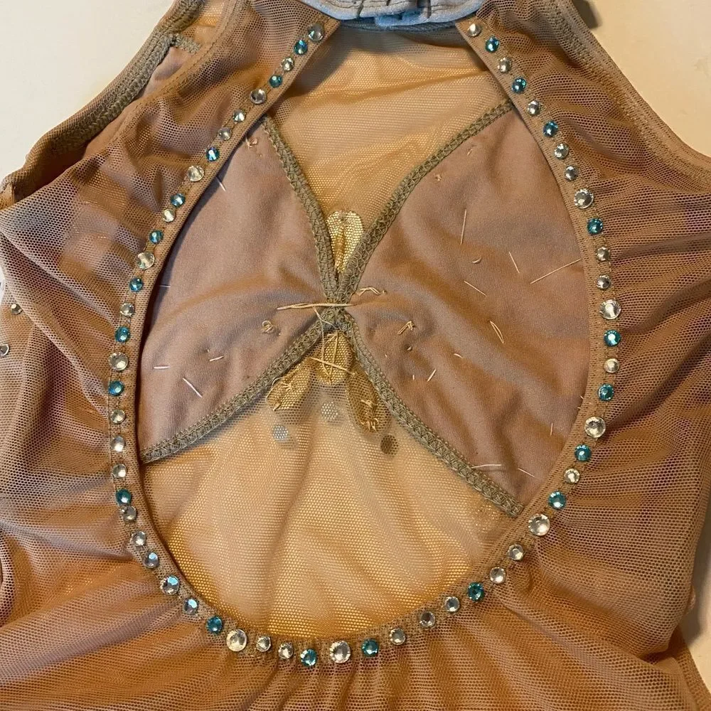 Patrick J designs dance costume silver gray nude illusion rhinestoned leotard CM